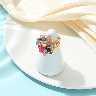 5Pcs Copper Wire Wrapped Dyed & Heated Natural Agate Round Bead Finger Rings RJEW-JR01034-1