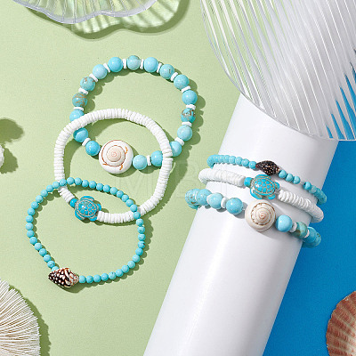 3Pcs 3 Styles Summer Beach Turtle Dyed Synthetic Turquoise & Shell Bead Bracelet Sets BJEW-JB10313-1