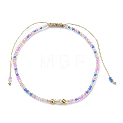 Natural Pearl & Seed & Brass Braided Bead Bracelets BJEW-JB09614-1