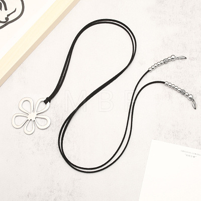 Flower Hollow Flower Bohemian Style Alloy Pendant Black Faux Suede Cord Lariat Necklaces for Women FS-WG7C28D-01-1