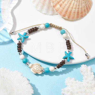 Starfish & Tortoise Synthetic Turquoise Braided Bead Bracelet BJEW-JB09967-01-1