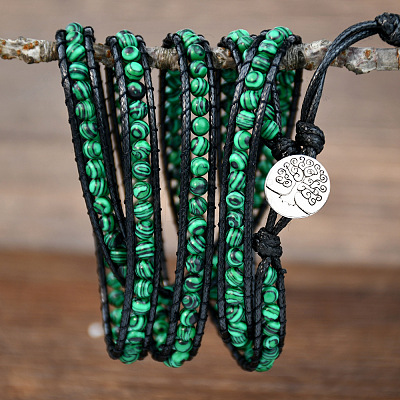 Adjustable Alloy Tree of Life Synthetic Malachite Round Beaded Wrap Bracelets for Women WGFA9D3-01-1