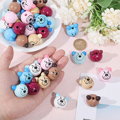 Globleland 70Pcs 7 Colors Natural Wood Printed Beads WOOD-GL0001-09-1