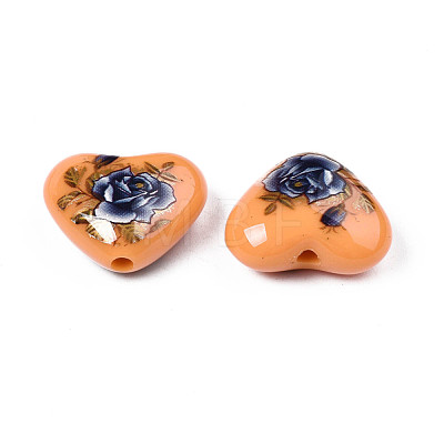 Flower Printed Opaque Acrylic Heart Beads SACR-S305-28-J01-1