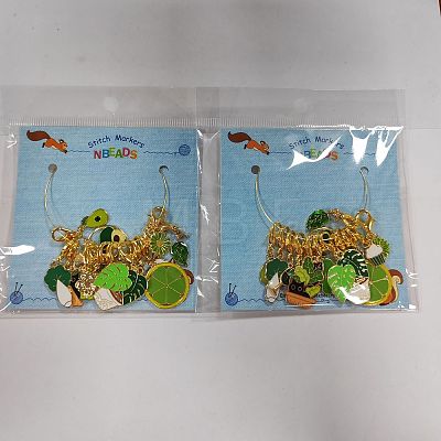 12Pcs 6 Style Green Color Theme Alloy Enamel Pendant Locking Stitch Markers HJEW-AB00141-1