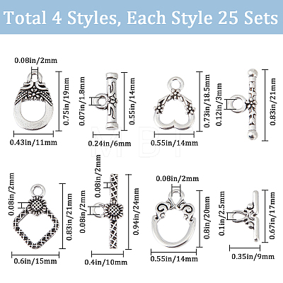 SUNNYCLUE 100Pcs 4 Styles Tibetan Style Alloy Toggle Clasps FIND-SC0008-04-1