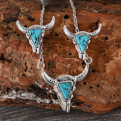 Western Cowboy Style Synthetic Turquoise Cattle Head Pendant Necklaces & Stud Earrings Sets for Women FS-WG063A3-03-1