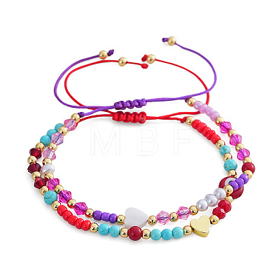 2Pcs 2 Styles Round Glass & Lampwork & Imitation Pearl & Synthetic Turquoise & Natural Shell & Seed Beads Braided Bead Bracelets VE0130-3-1
