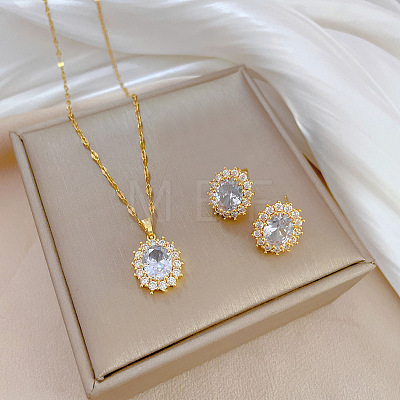 Brass Micro Pave Cubic Zirconia Pendant Necklace & Stud Earrings WG7AC39-68-1