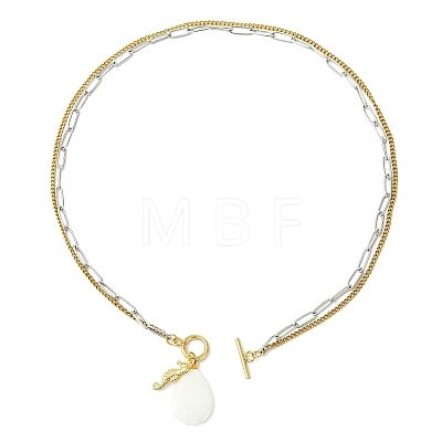 Summer Natural White Shell Teardrop and Sea Horse Pendant 304 Stainless Steel 2-Strand Chain Necklaces with OT Clasps for Men Women NJEW-JN06253-1