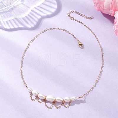 Natural Cultured Freshwater Pearl Rice Graduated Beaded Necklaces with 304 Stainless Steel Cable Chains NJEW-TA00226-1