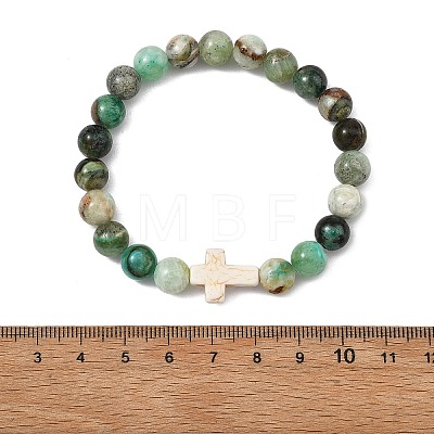 Natural Green Line Jasper & Synthetic Turquoise Cross & Round Beaded Stretch Bracelets for Women Men BJEW-JB13926-02-1