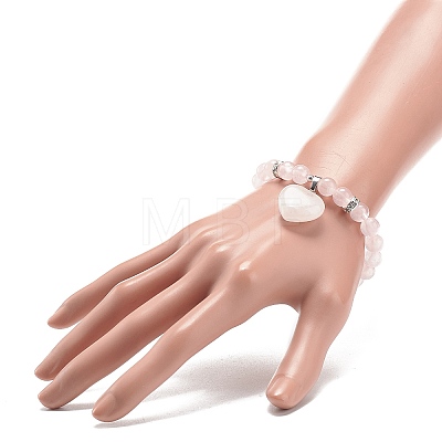Natural Rose Quartz Round Beaded Stretch Bracelet with Heart Charm BJEW-JB09019-03-1