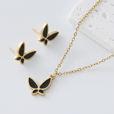 304 Stainless Steel Enamel Butterfly Pendant Necklace & Stud Earrings Set for Women TJ2009-3-1