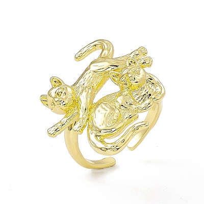 Rack Plating Brass Double Cat Open Cuff Ring for Women RJEW-I091-20G-1
