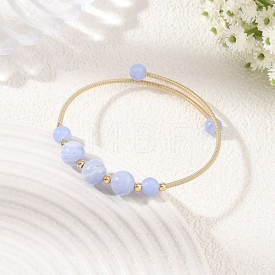 Natural Blue Lace Agate Round Graduated Beaded Brass Cuff Bangles BJEW-JB14463-02-1