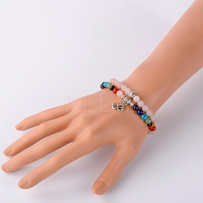 Trendy Natural Rose Quartz Beads Stretch 2-Loops Bracelets BJEW-JB01728-03-1