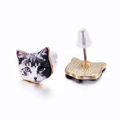 Real 14K Gold Plated Alloy Kitten Stud Earrings EJEW-G148-01G-07-1