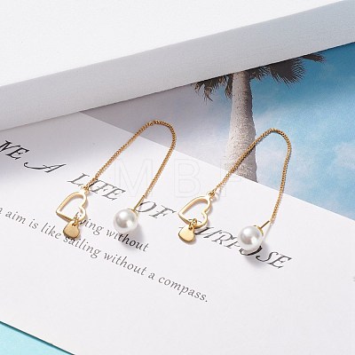 Brass Ear Thread with Heart and Acrylic Pearl Charm EJEW-JE04886-1