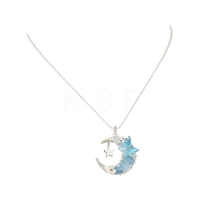 4Pcs 4 Colors Natural Aquamarine & Rose Quartz & Yellow Fluorite & Lavender Amethyst Wire Wrapped Moon with Acrylic Butterfly Pendant 304 Stainless Steel Ball Chain Necklaces NJEW-TA00266-1