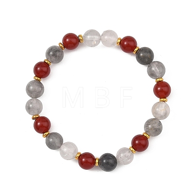 Round Natural Carnelian & Cloudy Quartz Beads & Brass Spacer Beads Beaded Stretch Bracelets for Women BJEW-JB14074-1