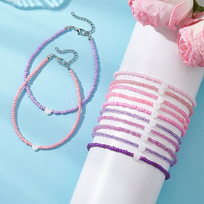 12Pcs 12 Colors Summer Beach Natural Shell Heart with Glass Beaded Anklets AJEW-AN00779-1