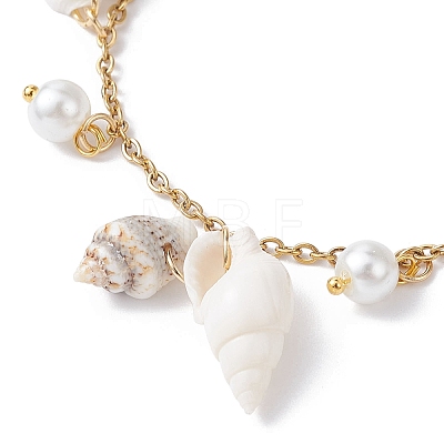 Natural Spiral Shell & Glass Pearl Charm Bracelets BJEW-JB09973-1