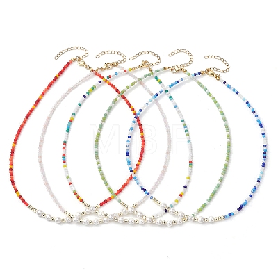 Boho Glass Beads & Shell Pearl Beaded Necklaces NJEW-JN04975-1