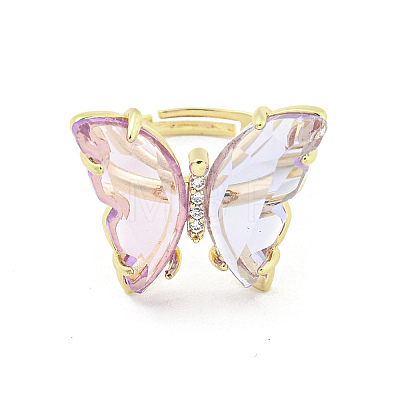 Butterfly Brass Micro Pave Cubic Zirconia Adjustable Rings for Women RJEW-I103-059G-1