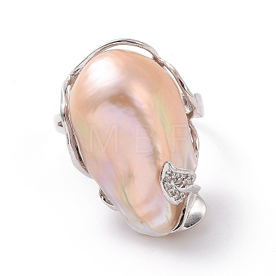 Natural Pearl Nugget with Cubic Zirconia Leaf Open Cuff Ring RJEW-P033-02P-03A-1