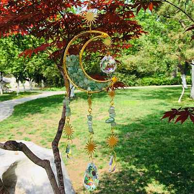 Wire Wrapped Natural Green Aventurine Chips & Moon Hanging Ornaments PW-WG515F2-04-1