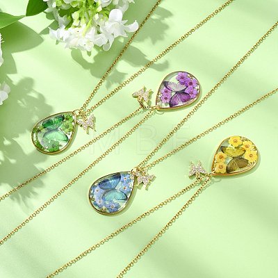 Transparent Epoxy Resin Teardrop & Brass Micro Pave Clear Cubic Zirconia Butterfly Pendant 304 Stainless Steel Cable Chain Necklaces for Women NJEW-JN06288-1