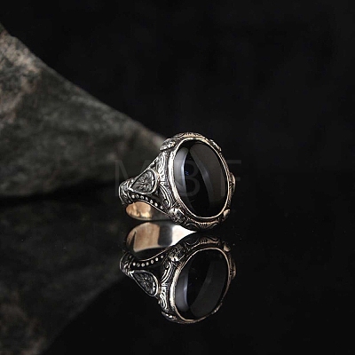 Oval Natural Black Agate Finger Rings PW-WG03CB0-02-1