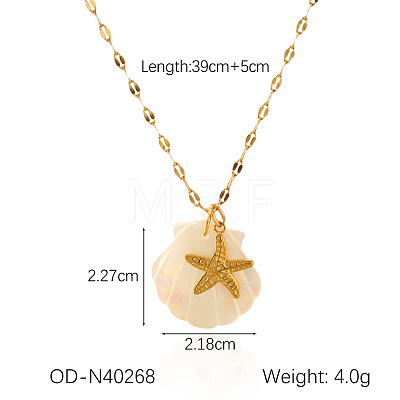 Ocean Theme Natural Shell & 304 Stainless Steel Pendant Dapped Chain Necklaces for Women FS-WG58500-15-1