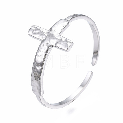 304 Stainless Steel Cross Open Cuff Ring RJEW-T023-17P-1
