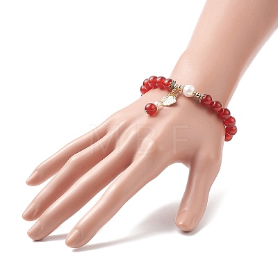 Natural Carnelian(Dyed & Heated) & Pearl Stretch Bracelet BJEW-JB09224-02-1
