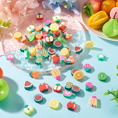 64Pcs 16 Styles Fruit & Vegetable Theme Handmade Polymer Clay Beads CLAY-TADJ0001-11-1