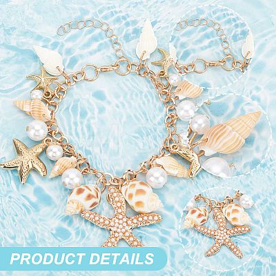   3Pcs Natural Conch Shell & Alloy Starfish & CCB Plastic Pearl Charm Bracelet BJEW-PH0004-35-1
