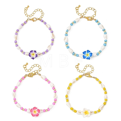 Polymer Clay Flower & Glass & Natural Trumpet Shell Beaded Bracelets for Women BJEW-JB14391-1