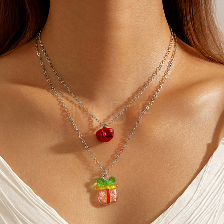 Resin Christmas Bell Pendant Double Layer Iron Chain Necklaces for Women FS-WG028A7-03-1