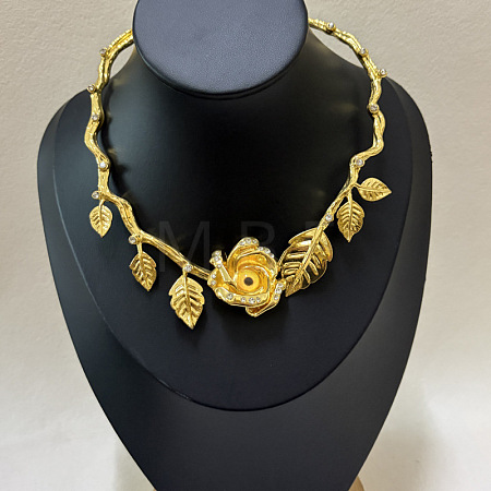 Alloy Crystal Rhinestone & Resin Gold Evil Eye Rose Flower Hinged Open Cuff Choker Necklaces for Women WG757BF-01-1