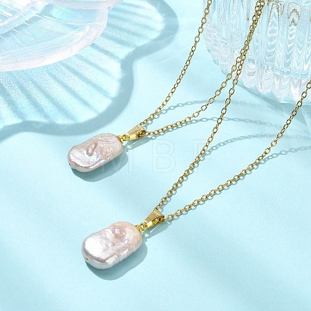 Natural Baroque Keshi Pearl Rectangle Pendant 304 Stainless Steel Cable Chain Necklaces for Women NJEW-JN06136-1