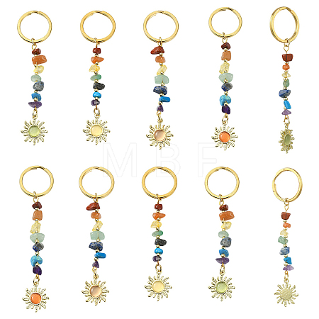 8Pcs 4 Styles Alloy Cat Eye Sun Pendant with Gemstone Chip Keychains KEYC-YW00252-1