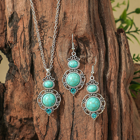 Bohemian Ethnic Style Zinc Alloy & Synthetic Turquoise Pendant Necklaces & Dangle Earrings Sets WG7E01E-05-1