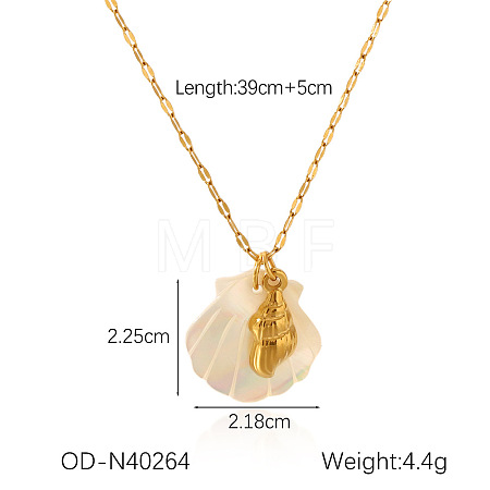 Ocean Theme Natural Shell & 304 Stainless Steel Pendant Dapped Chain Necklaces for Women FS-WG58500-11-1
