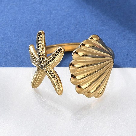 304 Stainless Steel Starfish & Shell Open Cuff Rings for Women X-RJEW-C095-09G-1