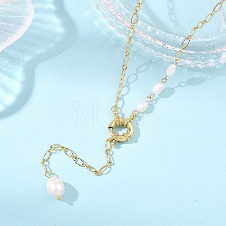 Adjustable 304 Stainless Steel Figaro Chain Natural Pearl Rice Y Tassel Lariat Necklaces for Women NJEW-JN06146-1