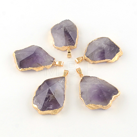 Mixed Shape Faceted Golden Plated Natural Amethyst Pendants with Iron Clasps G-R275-281-1