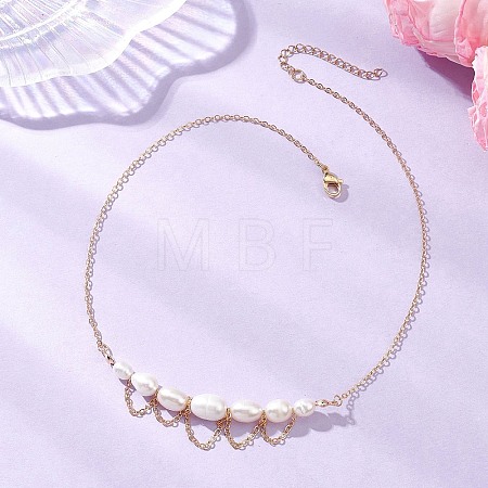 Natural Cultured Freshwater Pearl Rice Graduated Beaded Necklaces with 304 Stainless Steel Cable Chains NJEW-TA00226-1