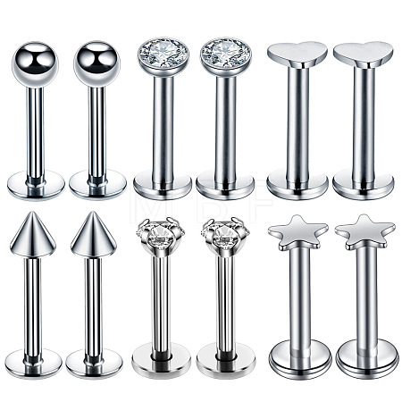 6 Styles Stainless Steel Clear Cubic Zirconia Internally Threaded Labrets WG43458-01-1